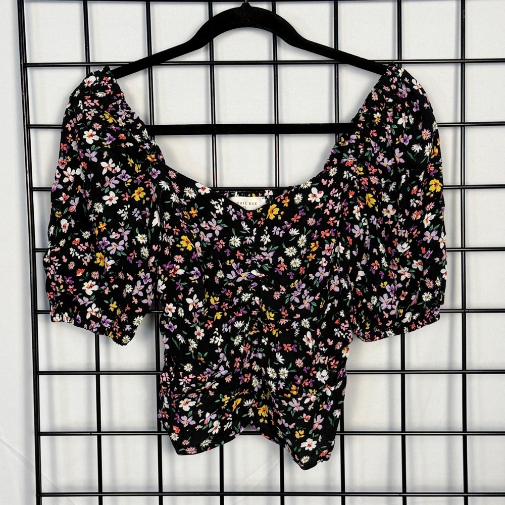 Sophie Rue Floral Crop Top Womens Small Multi Ruched Puff Sleeve Smocked NWT